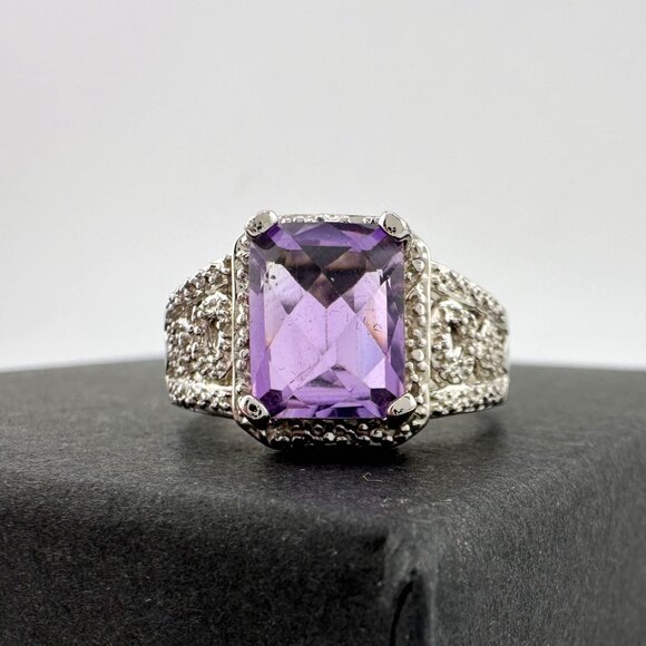 Beautiful Emerald Cut 2.25 Carat Amethyst Ring - Sterling w Diamond Accent Size - Picture 1 of 16